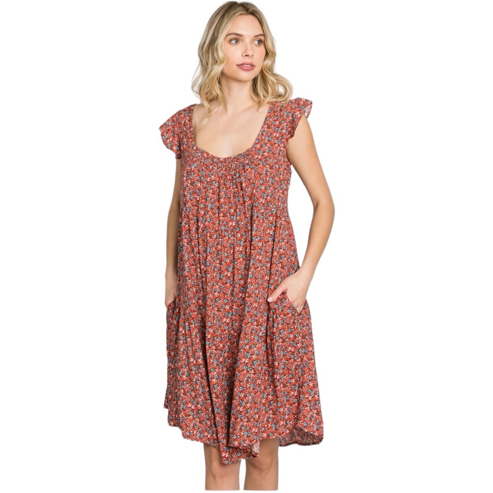 Ces Femme Women's Medium Rust Ditsy Floral Flutter Sleeve‎ Dress